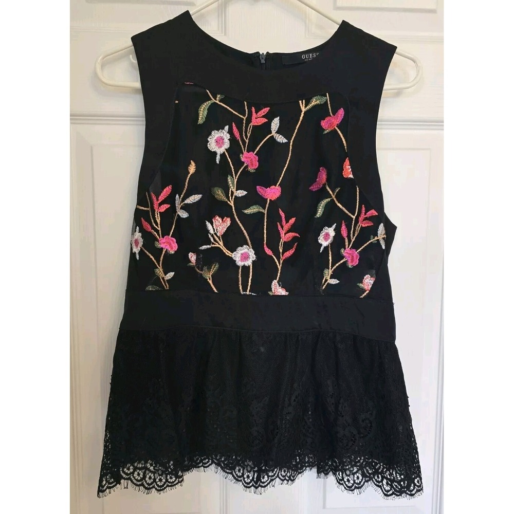 Guess Women's Floral Embroidery Black Lace Tank Size M
